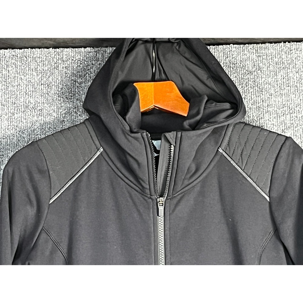 Athleta Womens Black Full Zip Hooded Jacket Reflective Trim Thumbhole Cuff Sz M - Picture 2 of 14